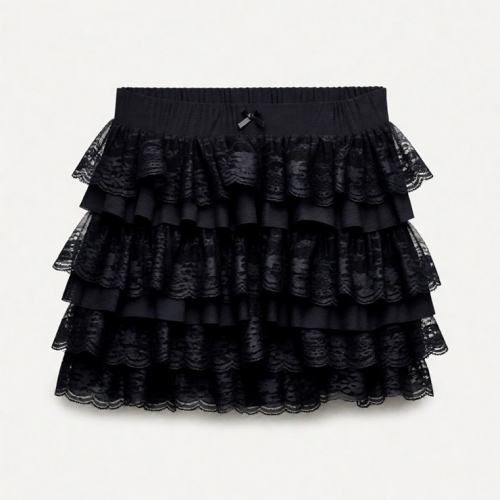 Girls' Black Layered Lace Trim Skirted Shorts, Playful Summer Outfit for Toddlers HG23863