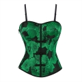 Green Floral Bustier with Chinese Frog Buttons, Back Lace-Up Corset Top & Adjustable Straps N23862