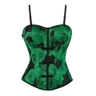 Green Floral Bustier with Chinese Frog Buttons, Back Lace-Up Corset Top & Adjustable Straps N23862