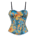 Blue Floral Print Corset Top, Adjustable Back Lace-Up Bustier with Thin Straps for Women N23861