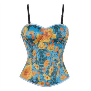 Blue Floral Print Corset Top, Adjustable Back Lace-Up Bustier with Thin Straps for Women N23861