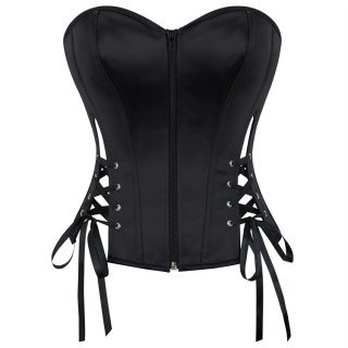 Black Satin Bustier with Front Zipper and Side Lace-Up, Strapless Corset Top N23859