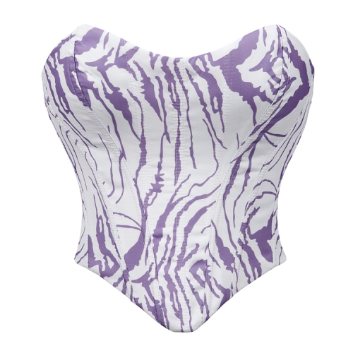 White and Purple Zebra Print Bustier with Crisscross Back Lace-Up, Boned Corset Top N23855