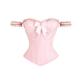 Strapless Vintage Corset in Pink with Back Lace-Up, Pearl & Bow Detail N23847