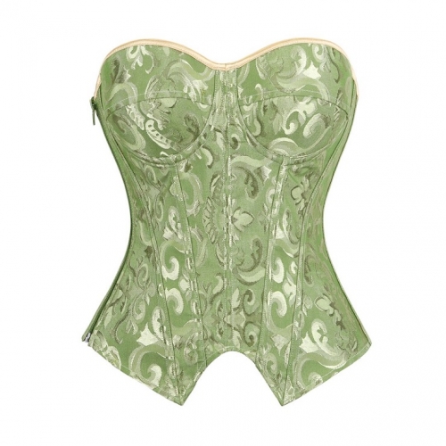 Green Strapless Corset with Floral Jacquard and Back Lace-Up Detail, Vintage Waist Trainer Bustier N23846