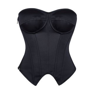 Black Strapless Corset Top with Front Lace-Up, Boned Waist Trainer with Side Zipper N23845
