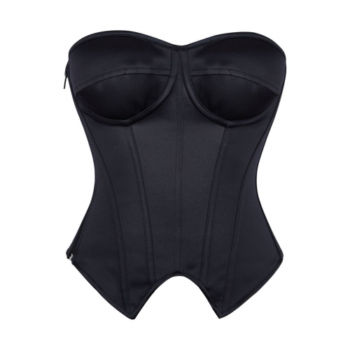 Black Strapless Corset Top with Front Lace-Up, Boned Waist Trainer with Side Zipper N23845