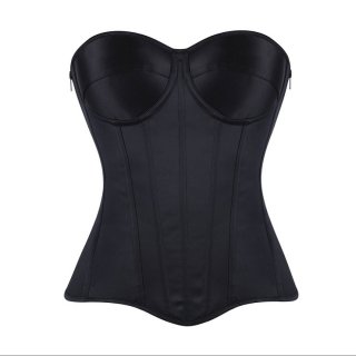 Black Strapless Corset Top, Front Lace-Up Bustier with Boning and Side Zipper for Waist Training N23844