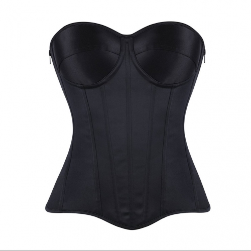 Black Strapless Corset Top, Front Lace-Up Bustier with Boning and Side Zipper for Waist Training N23844