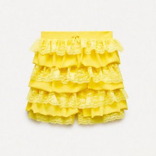 Girls' Yellow Layered Lace Trim Skirted Shorts, Playful Summer Outfit for Toddlers HG23837
