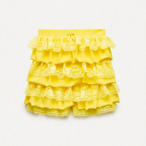 Girls' Yellow Layered Lace Trim Skirted Shorts, Playful Summer Outfit for Toddlers HG23837