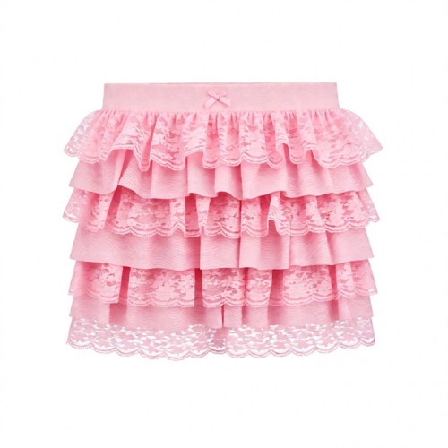Pink Tiered Lace Mini Skirt with Waist Bow HG23835
