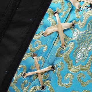 Vintage Blue Bustier Corset with Golden Floral Print, Front Lace-Up & Adjustable Straps N23830