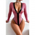 Pink Mesh Bodysuit with Black Leather Trim - Long Sleeve Jumpsuit for Women, V-Neck Cutout Design N23817