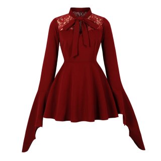 Burgundy Gothic Lace Sweetheart Dress with Batwing Sleeves - Oversized Bow Backless Evening Gown for Halloween N23814