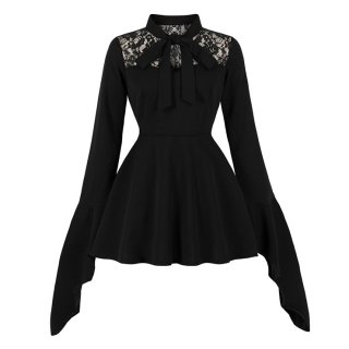 Gothic Lace Batwing Sleeve Dress with Oversized Bow - Sweet Black Mini Dress for Halloween N23813