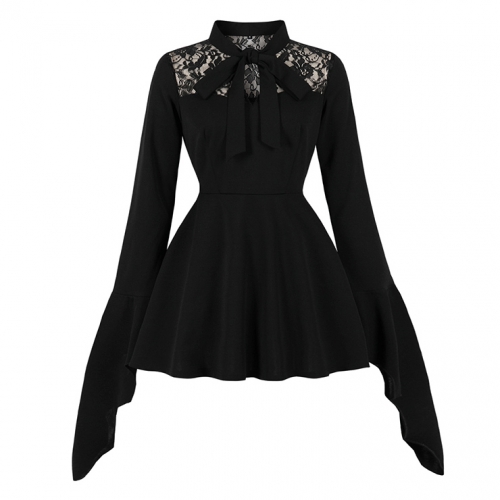 Gothic Lace Batwing Sleeve Dress with Oversized Bow - Sweet Black Mini Dress for Halloween N23813