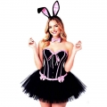 Vintage Style Black Bustier with Pink Ruffles & Lace-Up Front - Sweetheart Neckline Boned Corset Top N23811