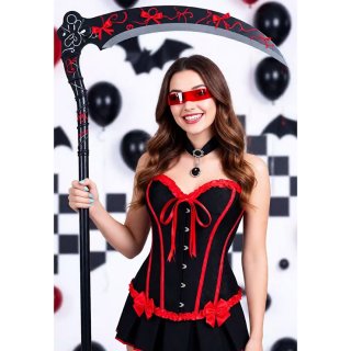 Victorian-Style Gothic Bustier with Red Lace Trim - Black Sweetheart Corset Top with Metallic Buckle N23810