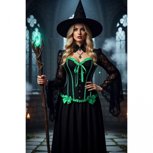Gothic Black Vintage Corset with Neon Green Satin Trim - Lace-Up Boned Bustier for Women N23808