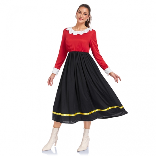 90s Retro Sailor Style Dress with Ruffle Collar - Red Black Flared Dress for Vintage Fashion N23802