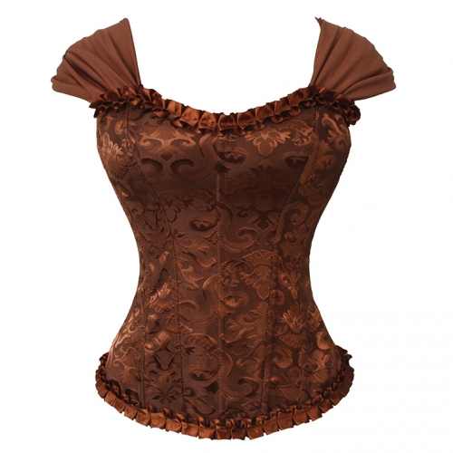 Brown Lace-Up Dance Bustier Corset with Ruffle Shoulder Straps and Scalloped Hem N237868