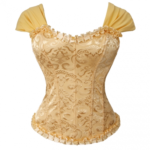 Yellow Lace-Up Dance Bustier Corset with Ruffle Shoulder Straps and Scalloped Hem N237866