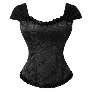 Black Vintage Corset Top with Ruffle Sleeves - Adjustable Lace-Up Square Neck Bustier N237863