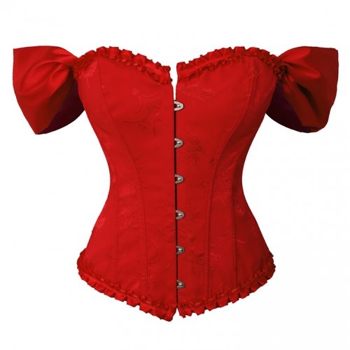 Gothic Red Brocade 10 Plastic Boned Wide Shoulder Straps Waist Cincher Overbust Corset N237862