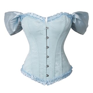 Gothic Blue Brocade 10 Plastic Boned Wide Shoulder Straps Waist Cincher Overbust Corset N237860
