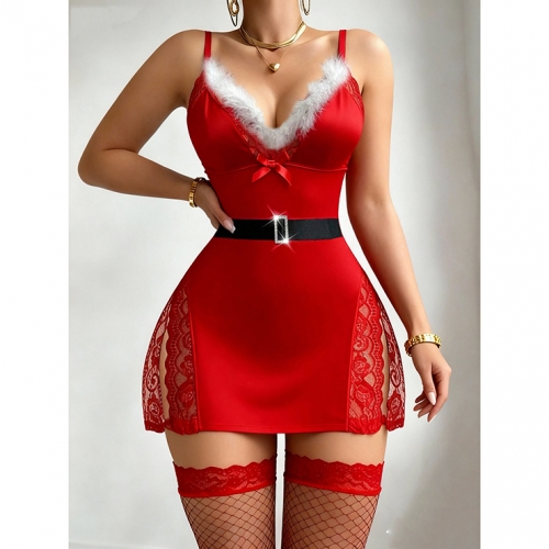 Festive Red Halter Dress with Lace Inserts - Adjustable Faux Fur Trim Christmas Party Gown N237858