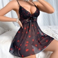 Black & Red Heart Lace Teddy Bodysuit - Sheer Mesh Babydoll with V-Neck and Adjustable Straps N237851