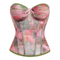 Floral Print Strapless Corset - Adjustable Lace-Up Mesh Bodysuit with Green Piping N237850