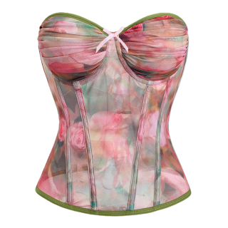 Floral Print Strapless Corset - Adjustable Lace-Up Mesh Bodysuit with Green Piping N237850
