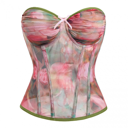 Floral Print Strapless Corset - Adjustable Lace-Up Mesh Bodysuit with Green Piping N237850