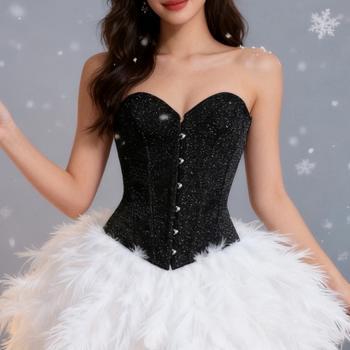Black Sequin Vintage Corset Top - Adjustable Front Lace-Up Bustier with Heart Neckline for Christmas Party N237848