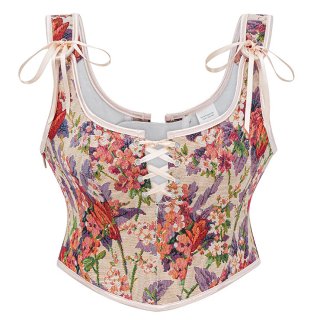 Vintage Floral Corset Top - Adjustable Lace-Up Bustier with Bow Straps for Women N237841