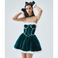 Christmas Costume Set with Green Velvet Dress - Cat Ear Headband, Pearl Choker, Gloves & Ribbon Accessories XT237839