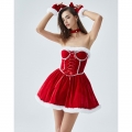 Christmas Costume Set with Red Velvet Dress - Cat Ear Headband, Pearl Choker, Gloves & Ribbon Accessories XT237838