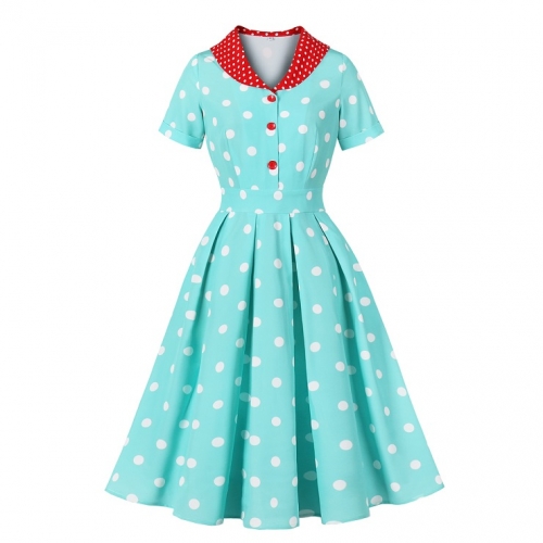 Vintage-Inspired Teal Polka Dot Dress with Contrast Red Collar - Retro A-Line Swing Dress N237835