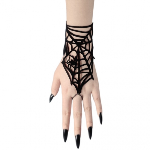 Gothic Spiderweb Hand Chain - Halloween Finger Jewelry with Black Spider Charm and Adjustable Fit J237834