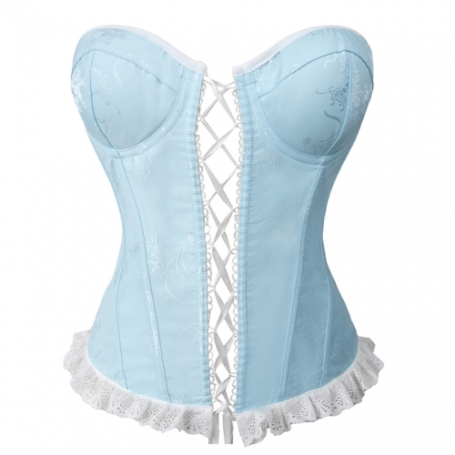 Vintage Light Blue Corset Bodysuit - Floral Pattern Lace Trim with Adjustable Lace-up Back N237832