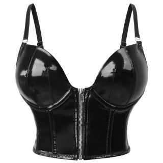 Sexy Punk Faux Leather Spaghetti Straps Bustier Zipper Clubwear Crop Top N237829