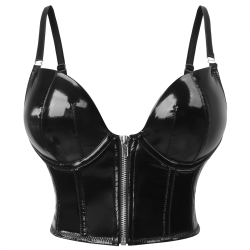 Sexy Punk Faux Leather Spaghetti Straps Bustier Zipper Clubwear Crop Top N237829