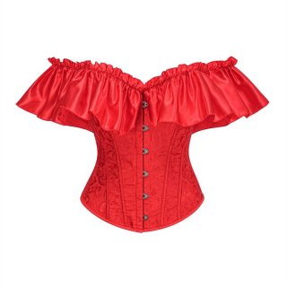 Red Off-Shoulder Corset Top - Ruffle Sleeve Bustier with Front Lacing N237828