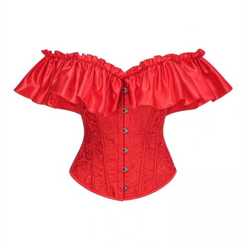 Red Off-Shoulder Corset Top - Ruffle Sleeve Bustier with Front Lacing N237828