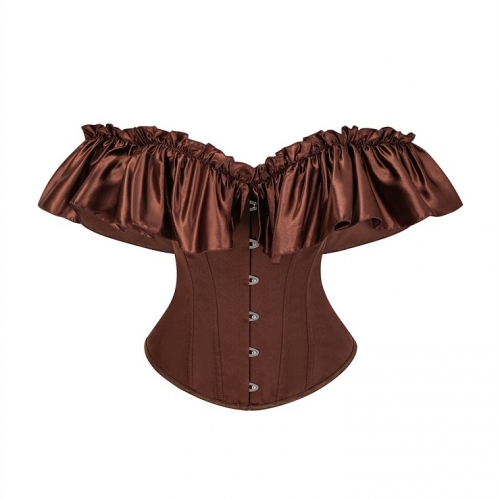 Brown Off-Shoulder Corset Top - Ruffled Bustier with Adjustable Lacing N237827