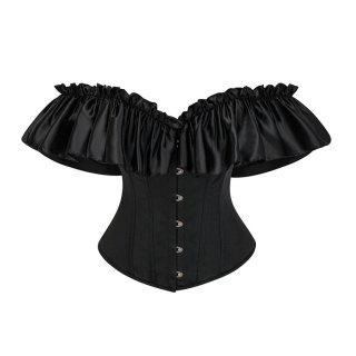 Black Gothic Corset Top - Ruffled Off-Shoulder Bustier with Metal Ring Lacing N237826