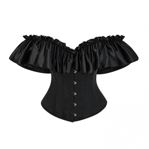 Black Gothic Corset Top - Ruffled Off-Shoulder Bustier with Metal Ring Lacing N237826
