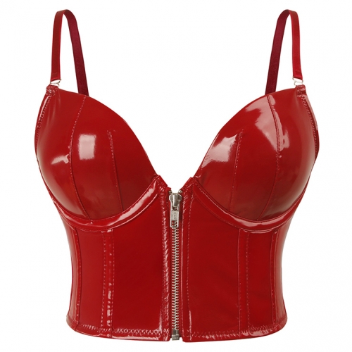 Sexy Punk Faux Leather Spaghetti Straps Bustier Zipper Clubwear Crop Top N237825